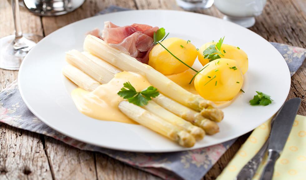 slider-spargel-t weißer Spargel mit Salzkartoffeln, Schinken und Hollandaise-Sauce