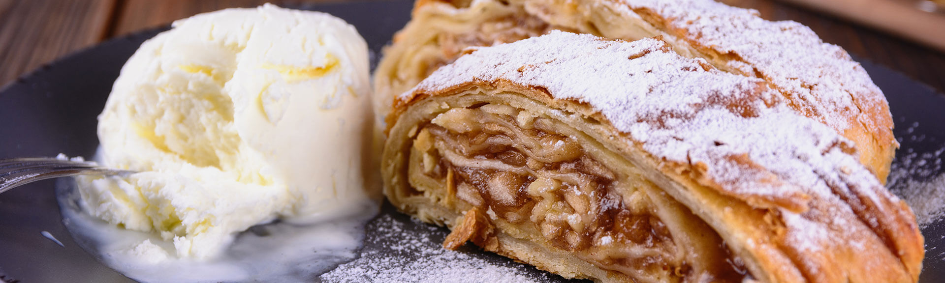 warm apple strudel with vanilla ice cream