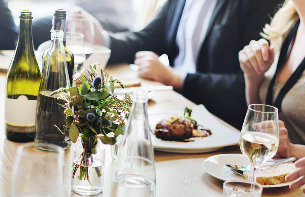 Group enjoys food in a restaurant