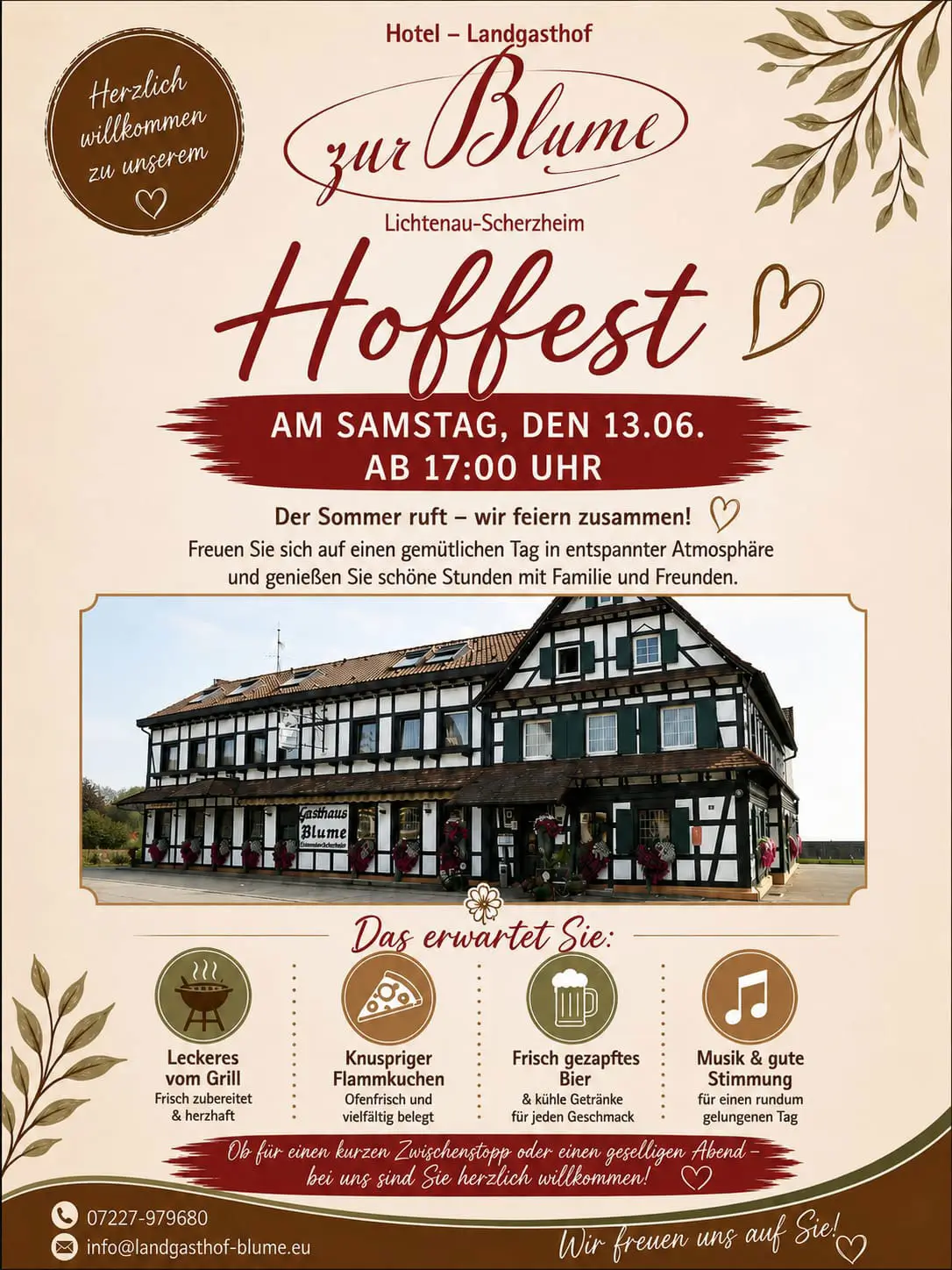 hoffest Flyer für das Hoffest im Hotel-Landgasthof zur Blume mit Fachwerkhausfoto und Ankündigung für Samstag, den 13.06., ab 17 Uhr